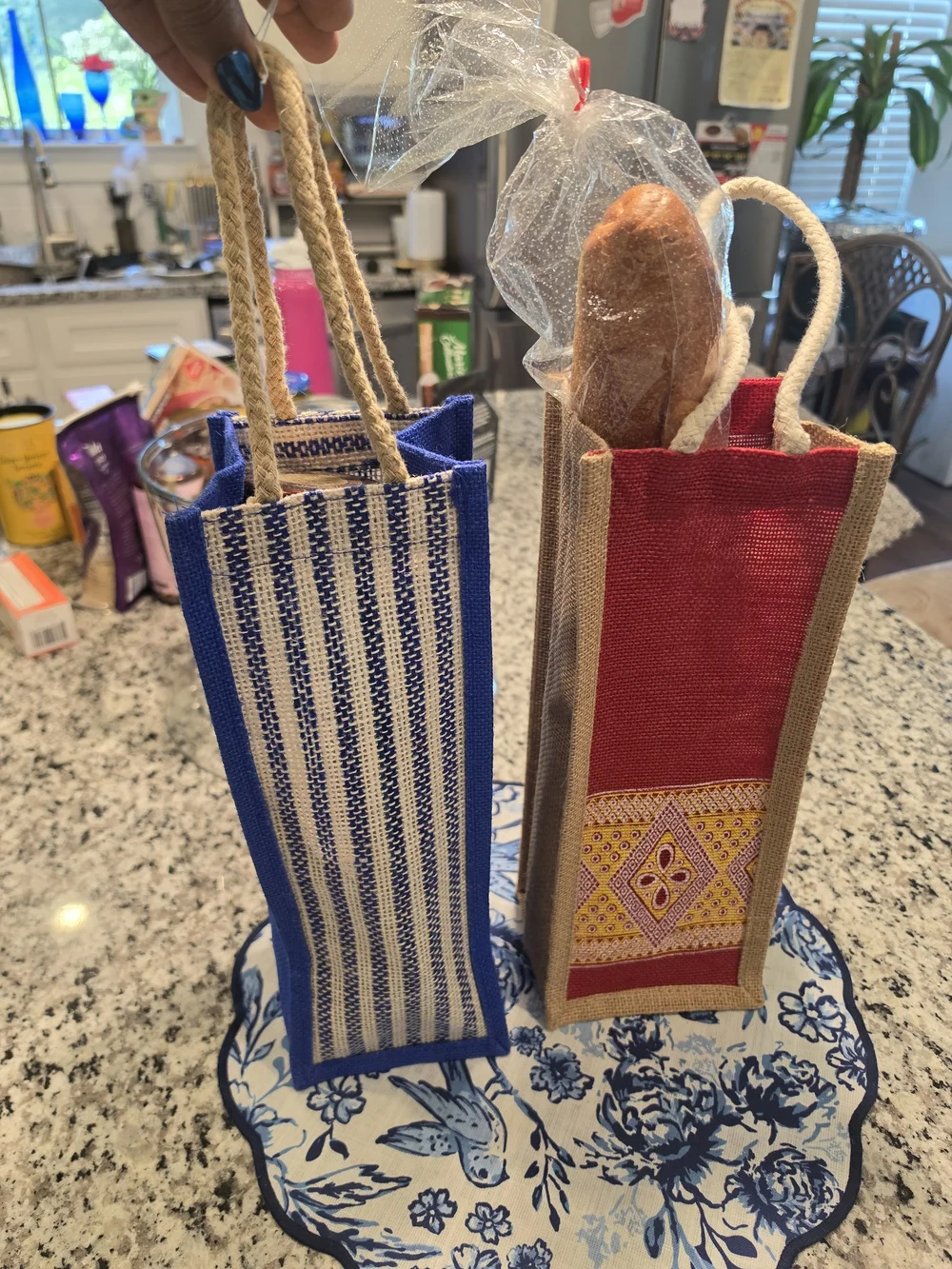 Handcrafted Red and Blue Jute Wine Bags - Stylish Home Accents
